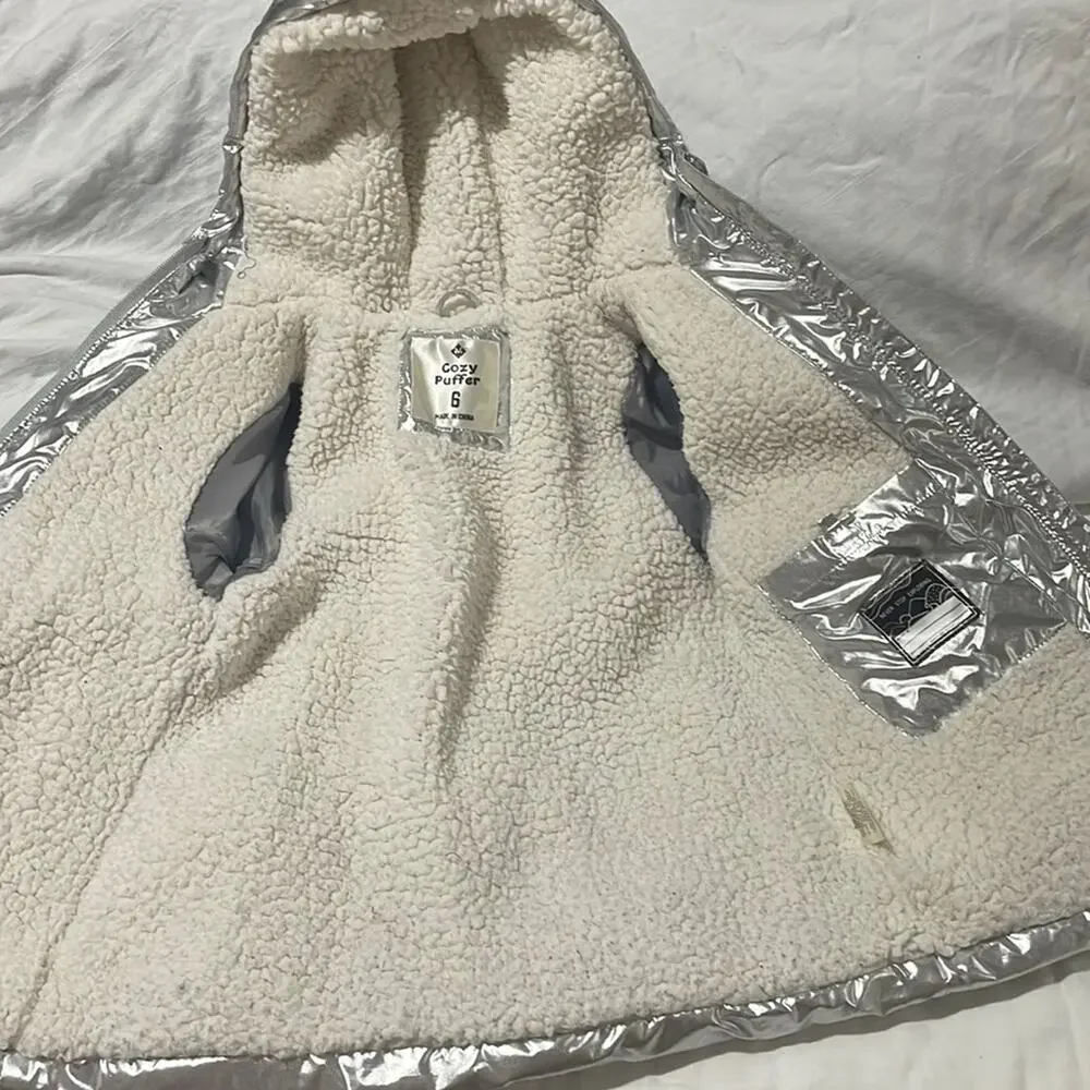 Members Mark 6 silver hooded puffer jacket sherpa lined warm pockets guc